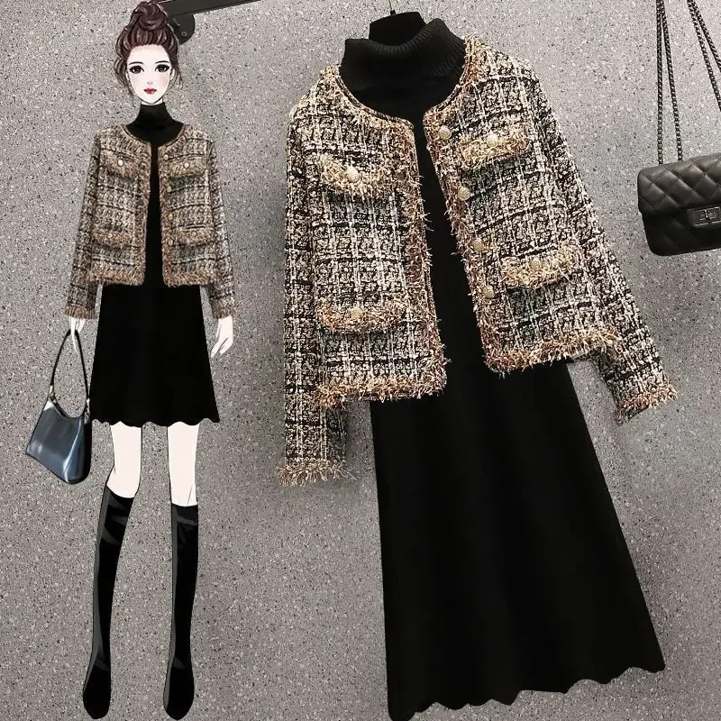 Plus Size Women's Spring Suit 2024 New Tweed Style Cardigan Jacket Slimming Knit Dress 2-Piece Set Clothing For Women