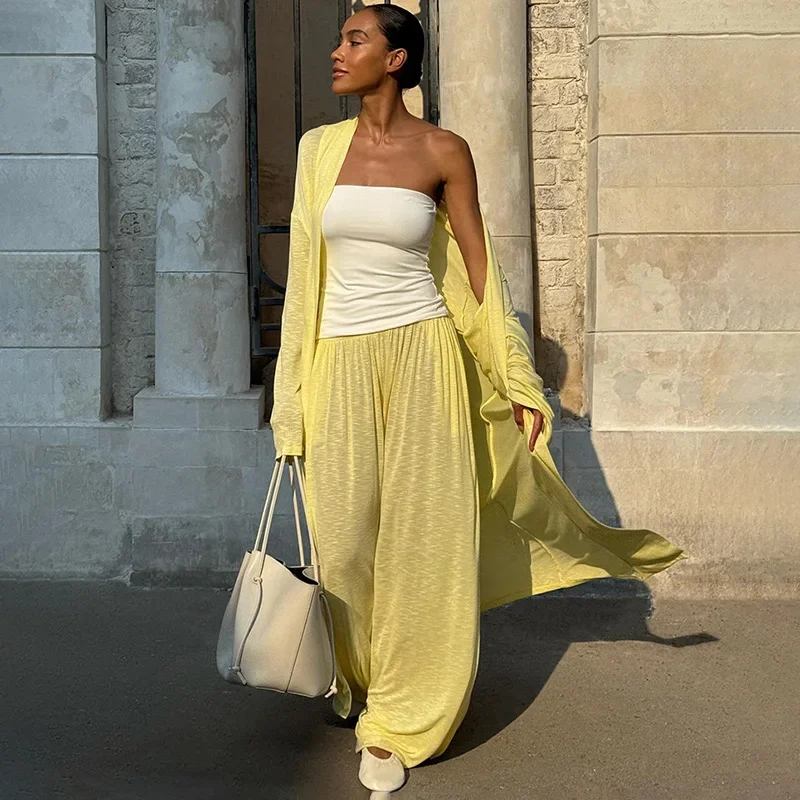 

Long Cardigan Wide-leg Trousers Suit Female Casual Beach Vacation Shawl Cardigan Bloomers 2 Piece Set Women's Fashion