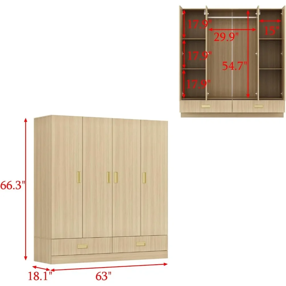 Wardrobe Closet with Hanging Rod, 2 Drawers & Shelves, 4-Door Wood Grain Wardrobe Closet with Metal Handles, Free Standing