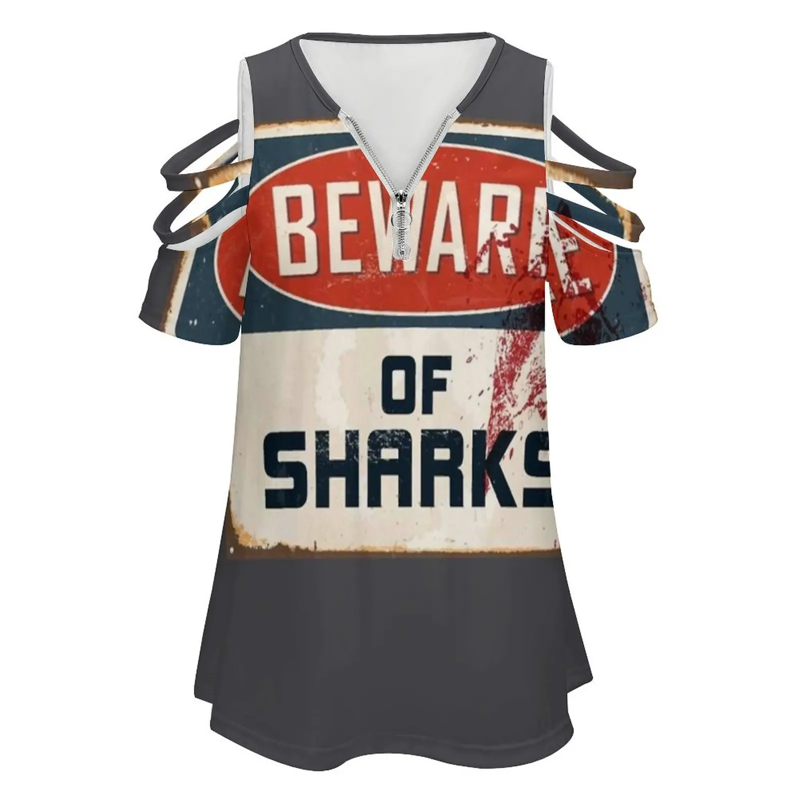 Beware Of Sharks Funny Shark Lover Hunting Gift New Fashion Zip Off Shoulder Top Short-Sleeve Women Shirt Beware Of Sharks