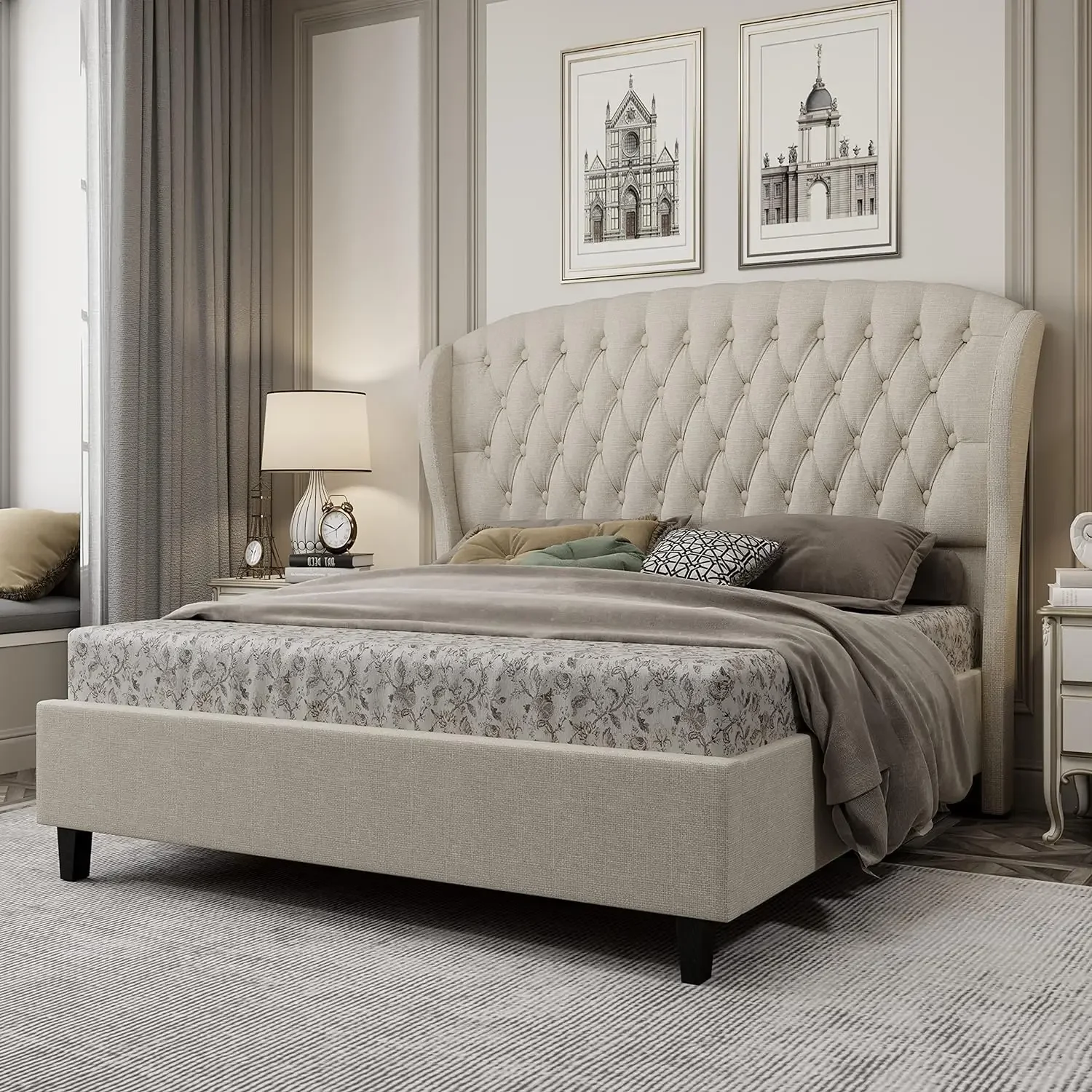 

Queen Size Platform Bed Frame Linen Curved Upholstered Bed with Shell Wingback Headboard/Deep Button Tufted/No Box Spring Needed