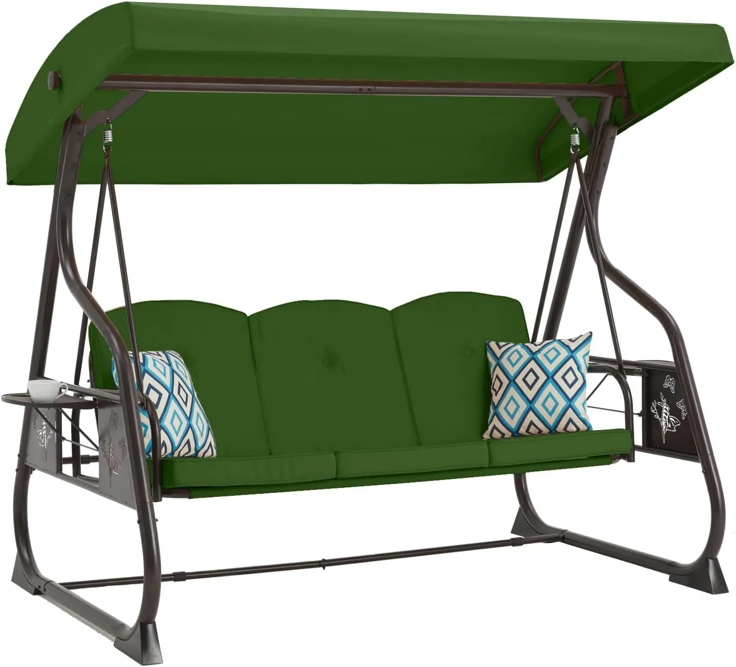 3 Seat Patio Porch Swing 800LBS Outdoor Swing with Stand Canopy Adjustable Backrest Patio Glider Chair Removable Pillows Green