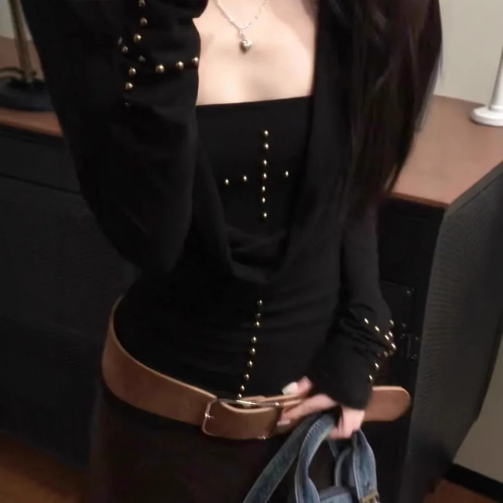 Y2k Dark Girl Cross Long Sleeve T-Shirt Set Women's Autumn Design Pure Desire Spicy Top Two-Piece Set Korean Style Slim Fit view 3