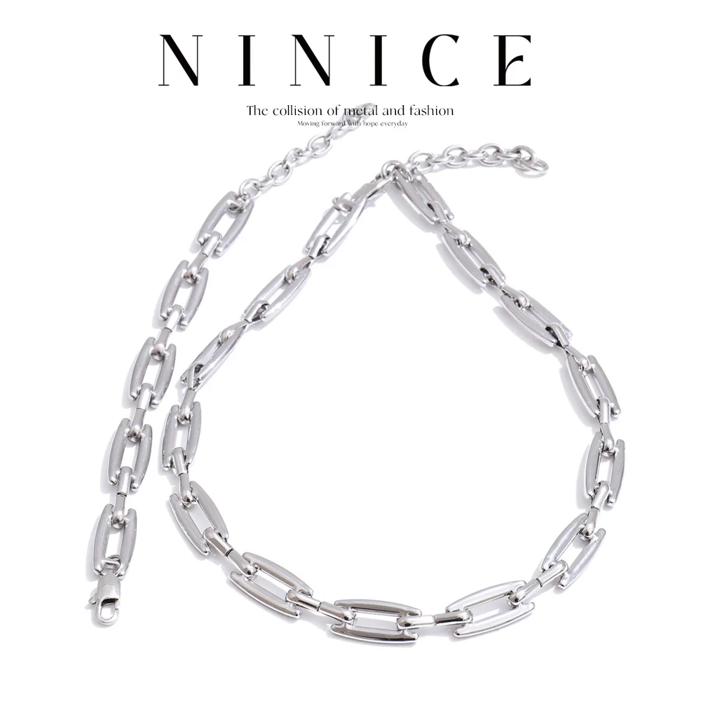 NiNice Edelstahl-Set mit rechteckiger Kette, Halskette, Armband, modisch, trendig, personalisierbar, einfache Auswahl