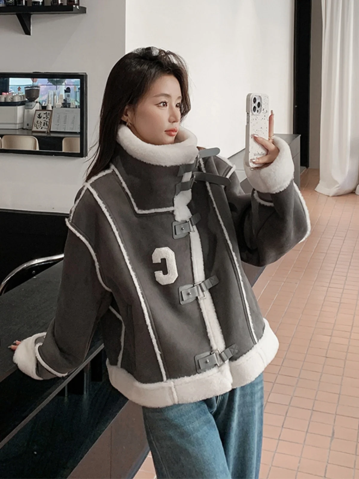 ay Suede Lamb Fur Jaet Women's ort Thiened Autumn Winter Design Unique Motorcycle Sle Commute Sle Long Sve