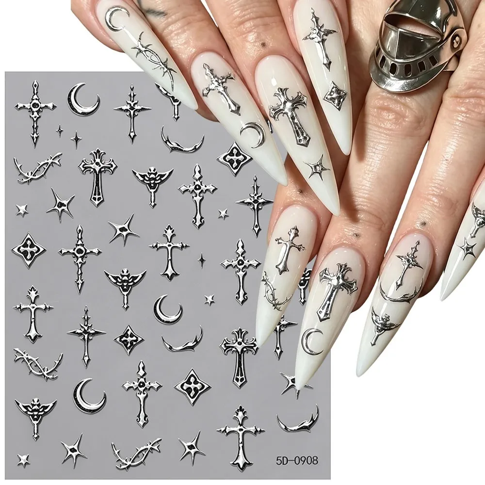 1sheet 5D Embossed Silver Gothic Cross Nail Sticker Y2K Moon Starlight  Nail Decals Self-adhesive Premium Salon Nail Slider ^E3