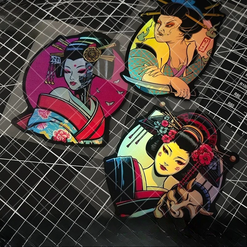2Pcs/Set Cyber Geisha Ukiyo-e Sci-Fi Demon Mask Waterproof Vinyl Sticker for Car,Laptop,Helmet Decor