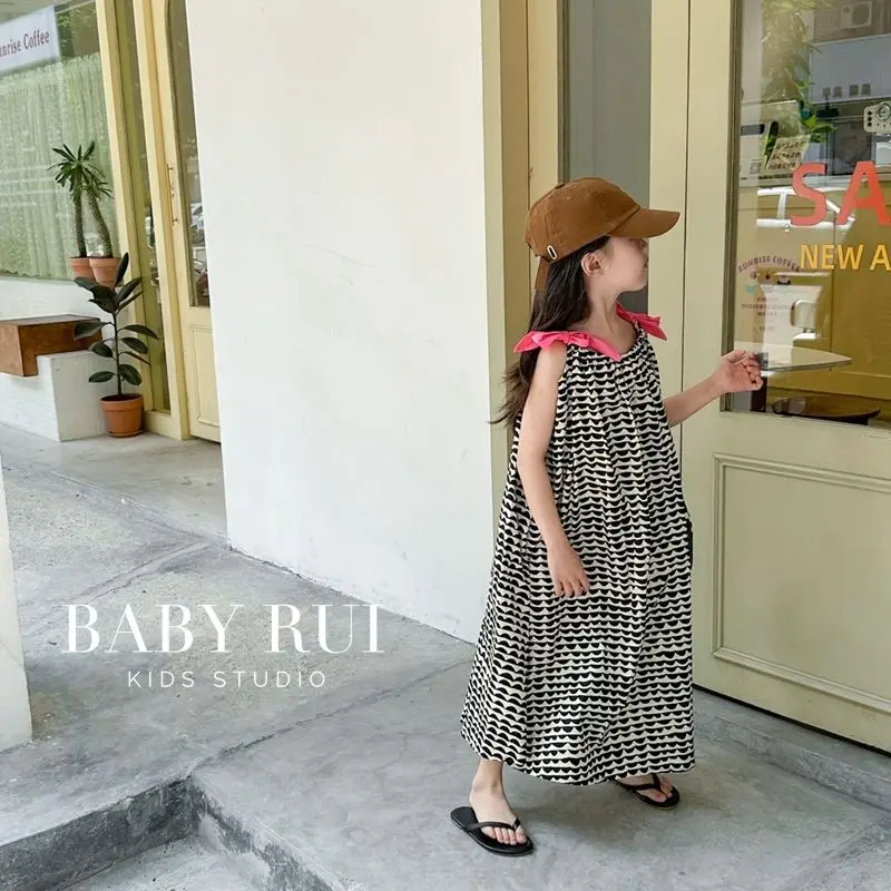 2023 Summer Overall Dresses A-line Mid-calf Length Pullover Print Bowknot Cotton Sweet Fashion Korean Casual Designable Girls