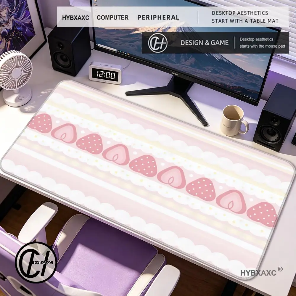 Pink Lace Strawberry Heart Plaid Cute Mouse Pad Kawaii Girl Extra Large Desk Mat Non-Slip Rubber Stitched Edge  Keyboard Mat