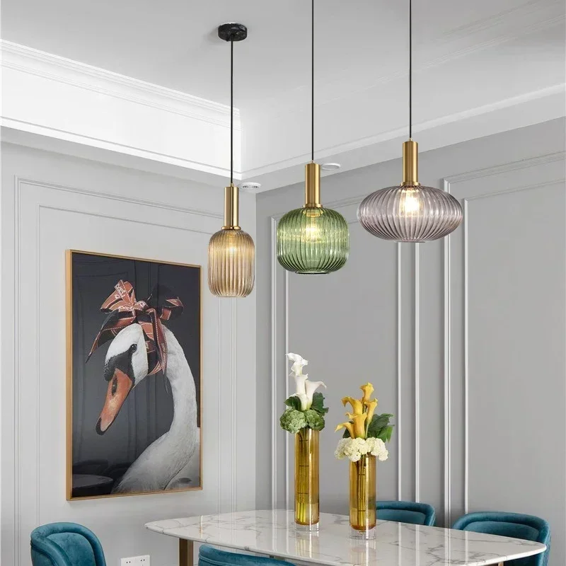 Vintage Colorful Glass Striped Pendant Chandelier Light Dining Room Kitchen Island Ceiling Light Bedroom Bedside Hanging Lamp