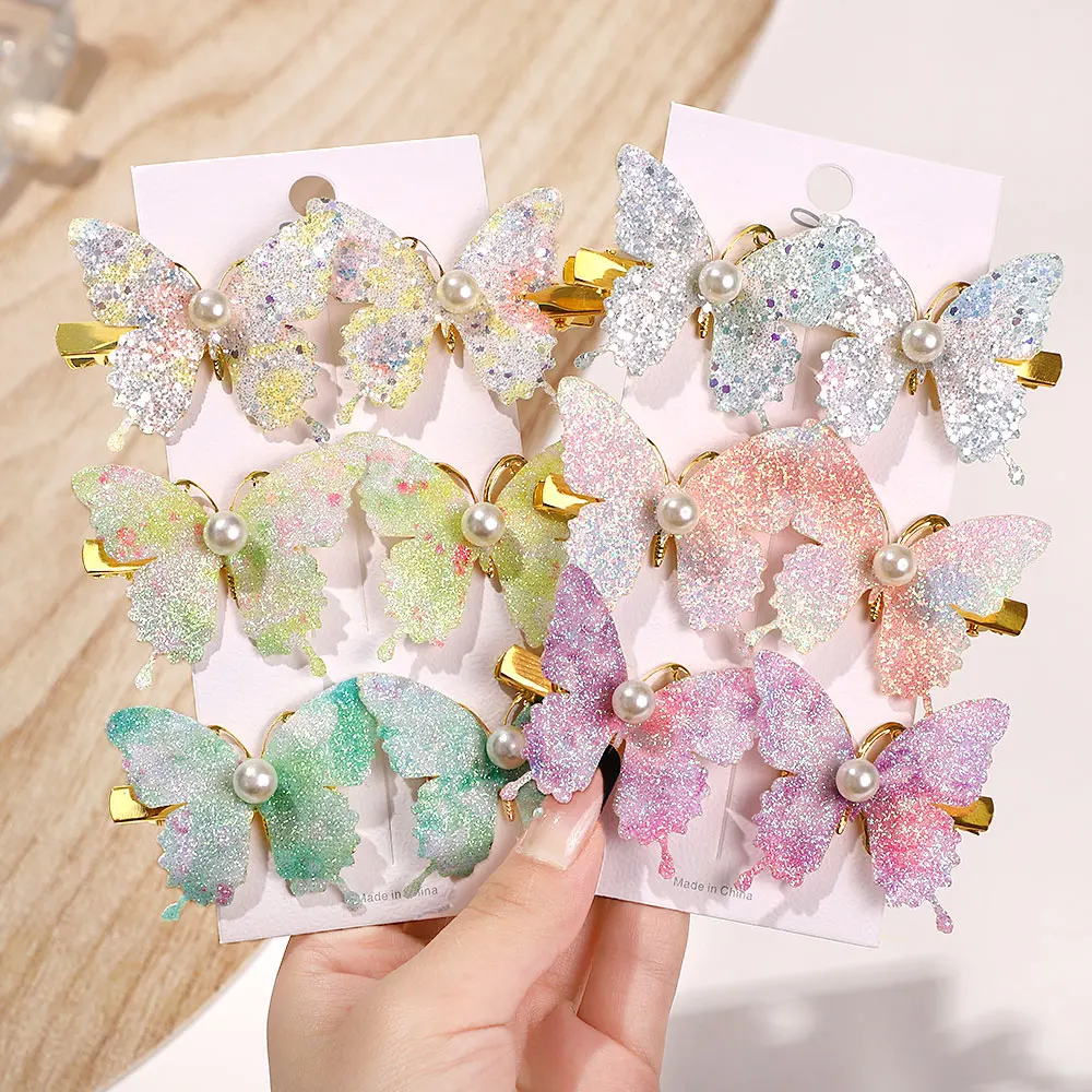 6Pcs Exquisite Sequin Butterfly Hair Clip Korean Style Pearl Metal Bow Hairgripes Women Girl Fashionable Hair Accessories