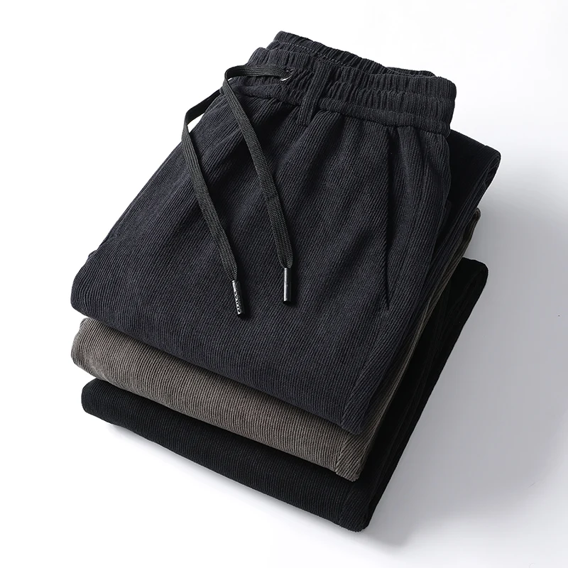 Big Size Men's Fleece Casual Pants Winter Thick Trousers Loose Sport Casual Pants Drawstring Windproof Classic Corduroy Pants