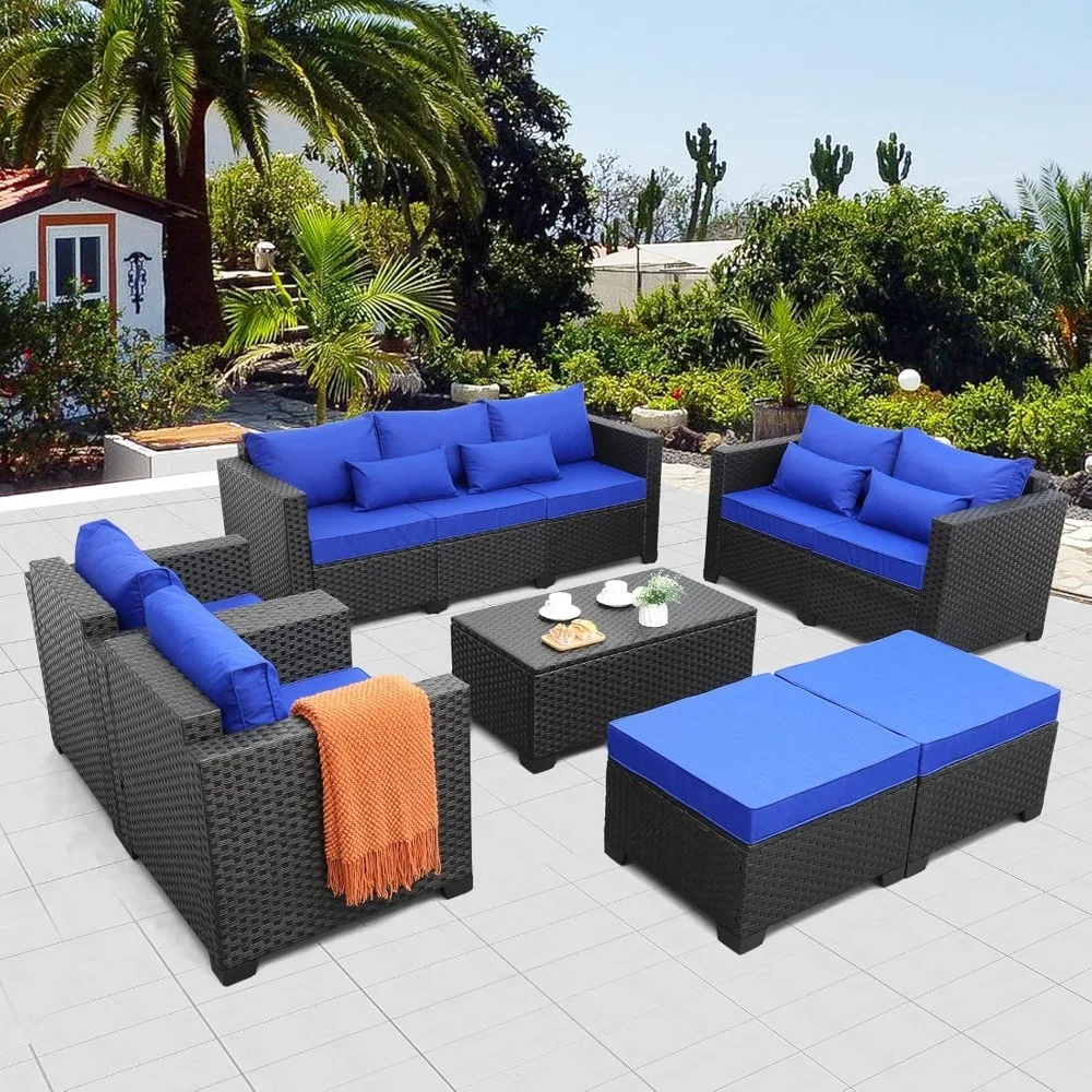 Patio Wicker Furniture Set 7 Pieces Outdoor Black Rattan Conversation Seat Couch Sofa Chair Set and Furniture Covers