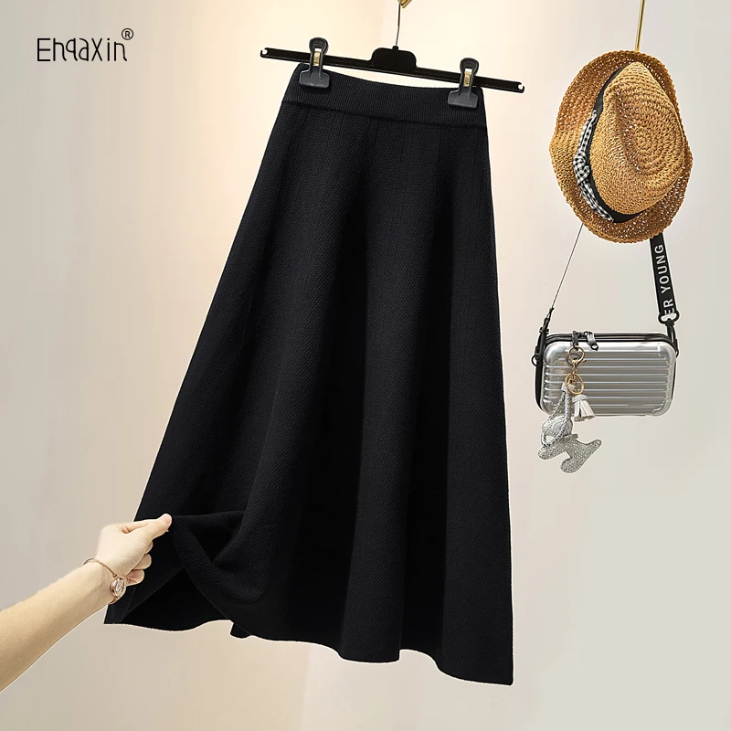 

EHQAXIN 2024 New Ladies Skirt Autumn Winter Fashion Loose High Waist Versatile Knitted Casual Mid Length Skirts For Womens L-4XL