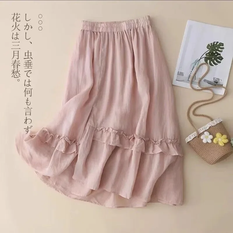 Retro solid color cotton and linen half skirt for women, summer high waisted lace up versatile A-line skirt with hanging feeling