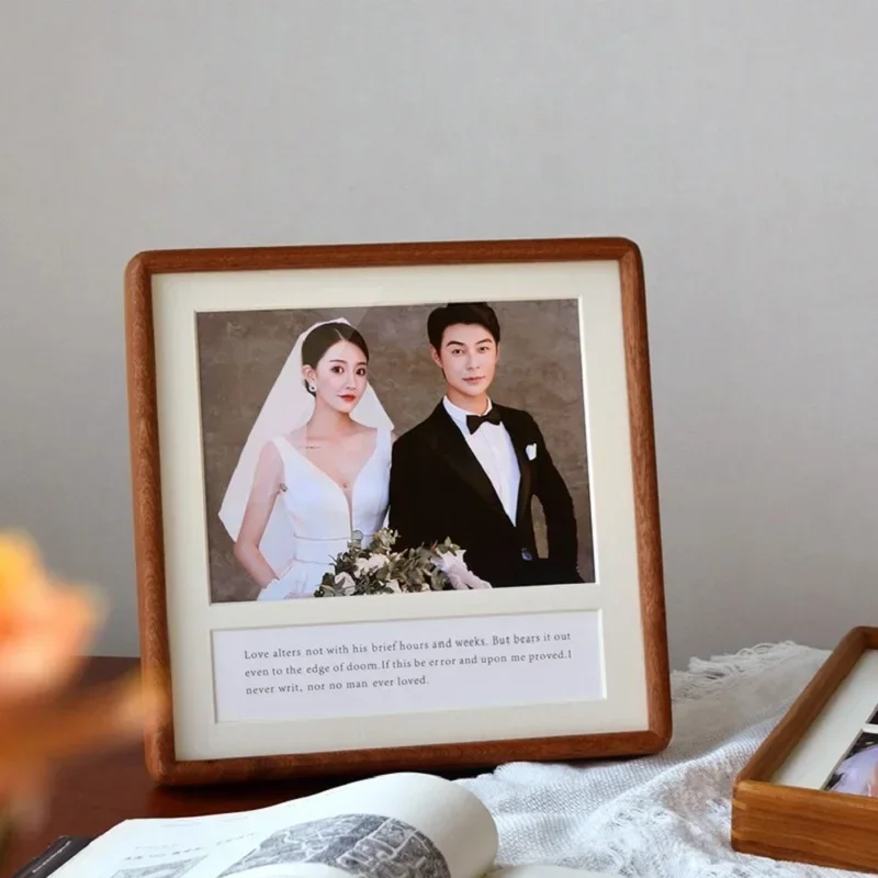 Creative Solid Wood Round Corner Photo Frame 9-Grid Square Frame for Couples' Wedding Photos 25x25 cm Display Frame Home Decor