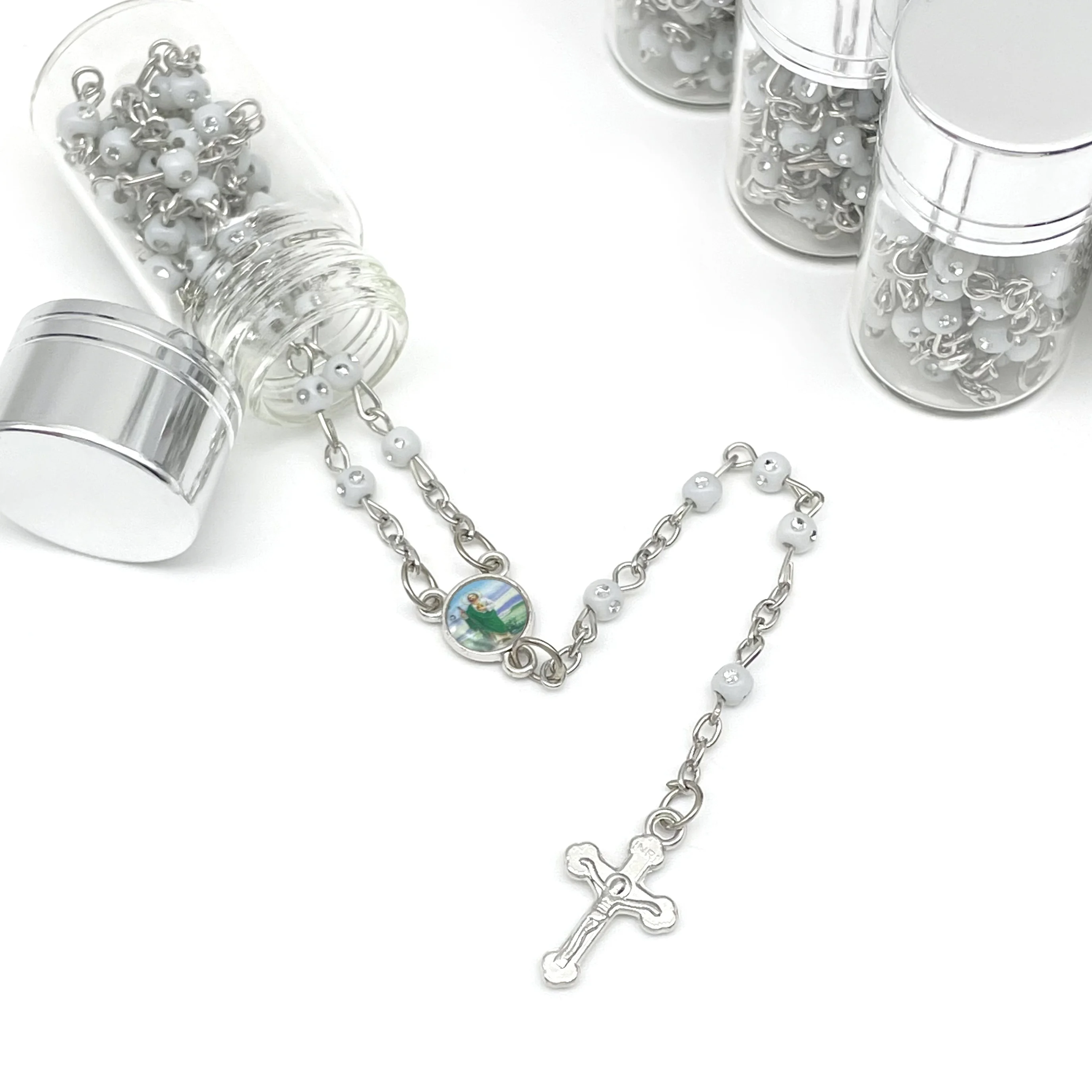 12pcs Saint St. Jude Favors Rosary in Cap Glass Bottle Beaded Necklace Charm with Baptism/San Judas Tadeofor
