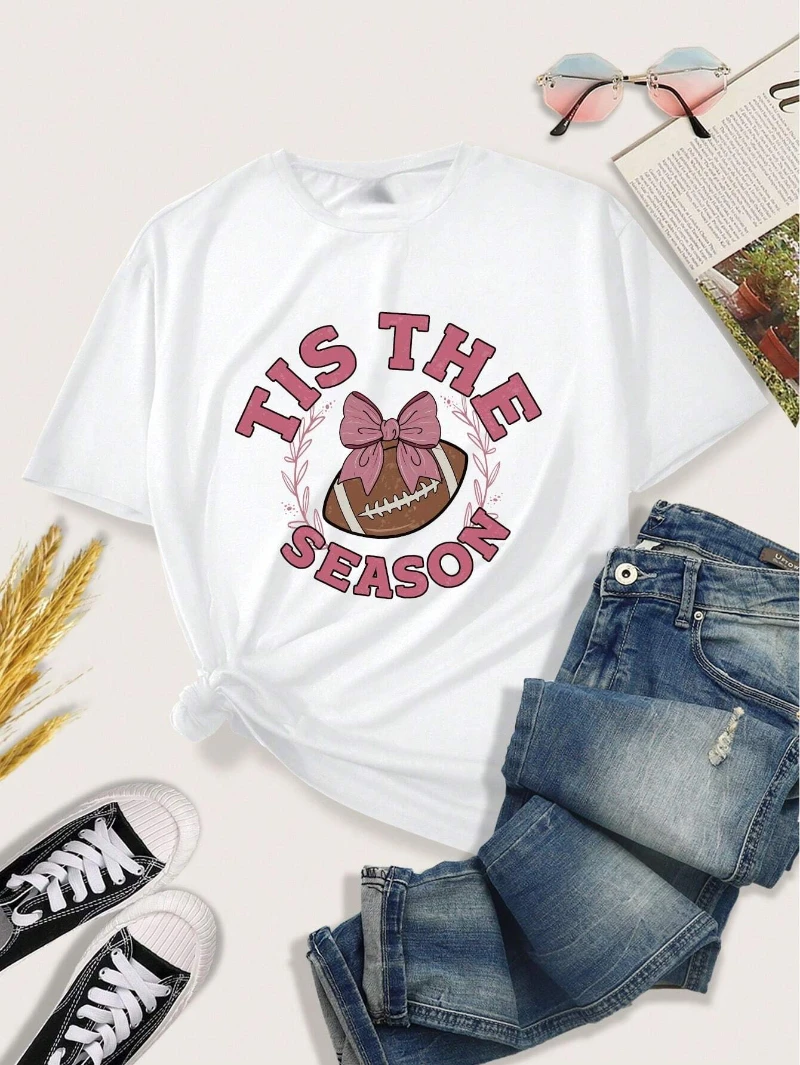 لعبة يوم كرة القدم الجرافيك القطن المرأة تي شيرت أزياء العلامة التجارية الصيف جولة الرقبة بسيطة عارضة قصيرة الأساسية أعلى المحملة نمط منتظم