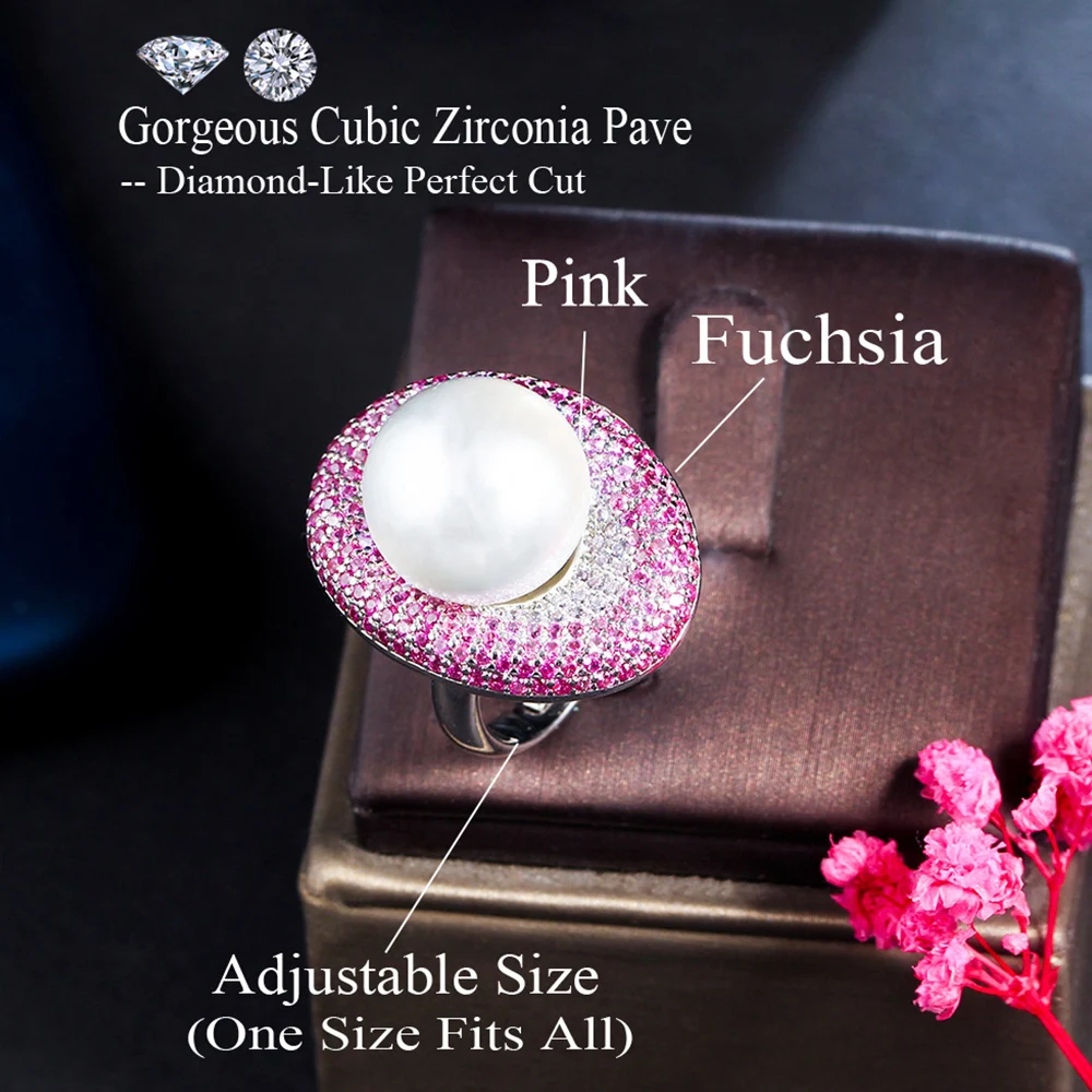 BeaQueen Luxury Exquisite Rose Red CZ Crystal Big Round Pearl Ring for Women High Quality Wedding Anniversary Jewelry Gifts R172