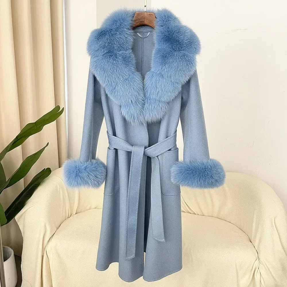 2024 New Wool Coat Wool Ladies Natural Fox Fur Collar Real Fur Coat Winter Jacket Ladies Belt Warm Coat Street Wear