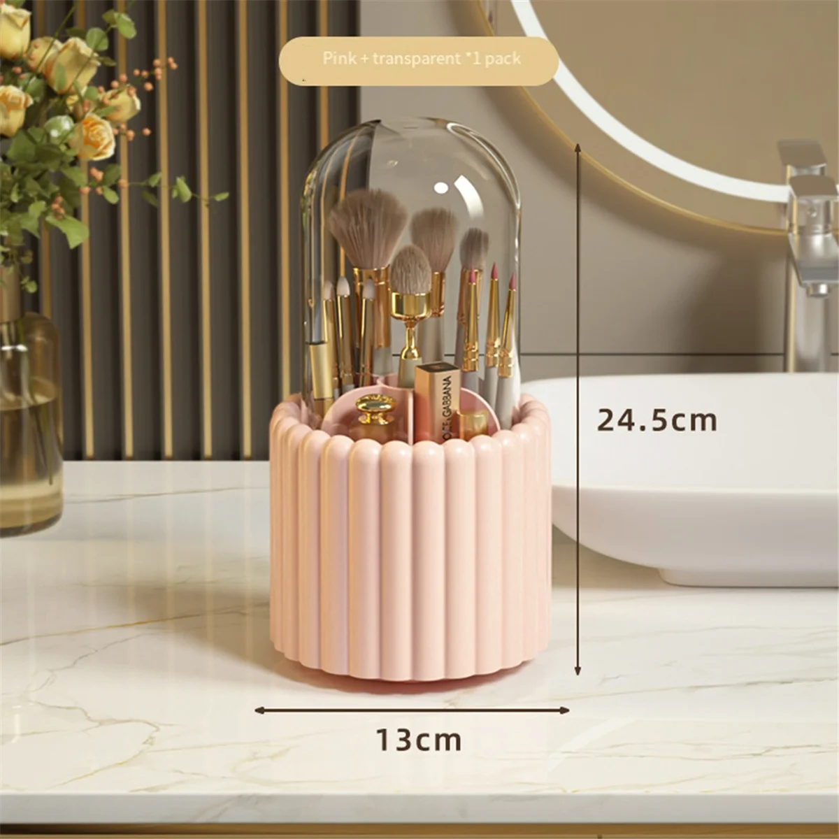 Makeup Brush Organizer, 360 Degree Rotatable Round Spinning Makeup Brush Holder with Lid Brush Storage Box Containers C