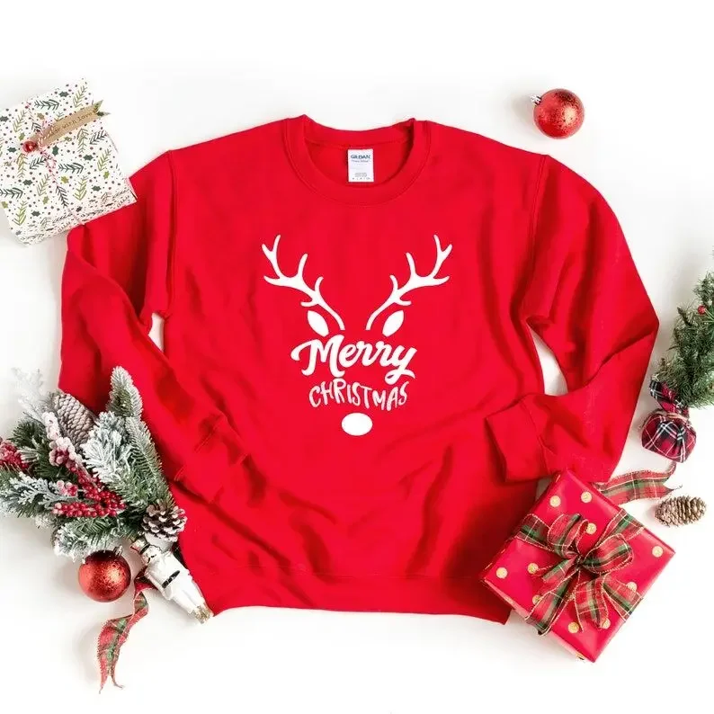 Reindeer Merry Christmas Unisex Sizes Family Sweatshirt Xmas Shirt 100%Cotton O Neck Female Clothing Plus Size Casual Shirts y2k
