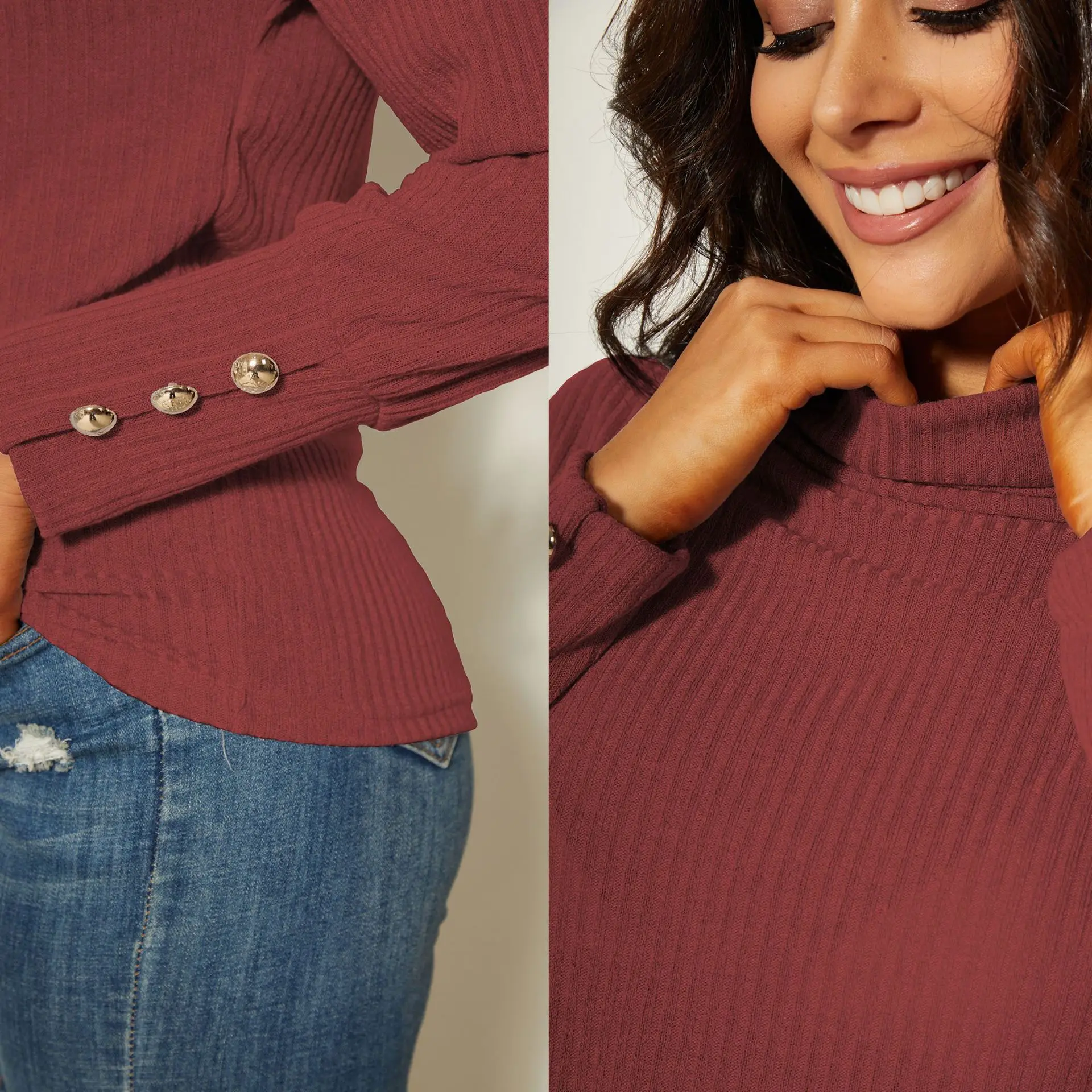 Ele عالية الياقة محبوك سترة طويلة Sve المرأة تي شيرت ربيع الخريف عبر الحدود Faion الصوف مزيج اليد الكروشيه #3