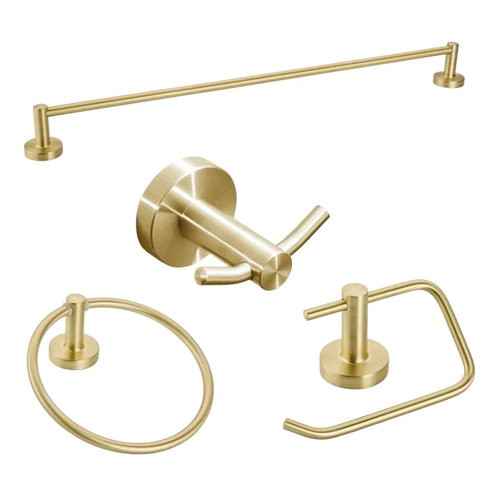 Premium 4-Piece Brushed Gold Bathroom Hardware Set with Wall-Mounted Toilet Paper Holder Towel Bar & Stainless Steel Towel Ring