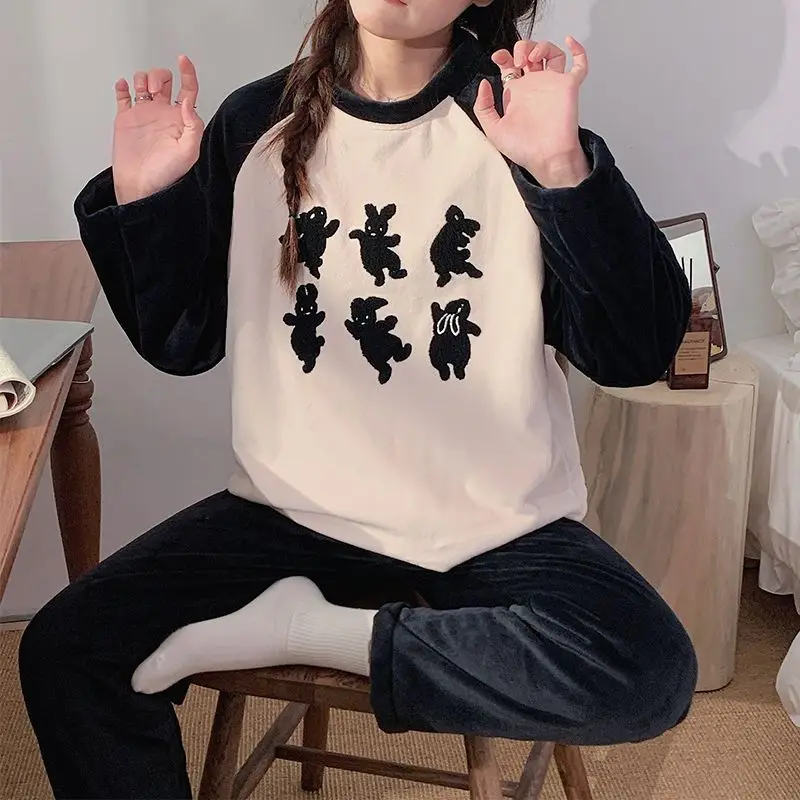 

winter new model Women's pajamas rabbit suit loose Sleepwear student girl thicken Pajama Set fleece-lined keep warm homewear