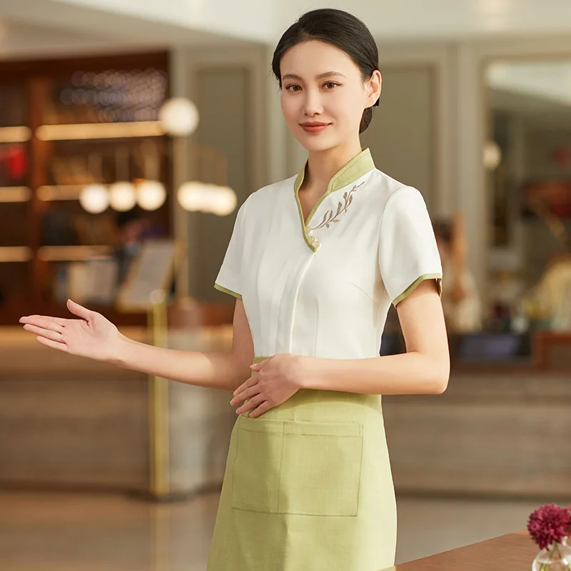 Uniforme de trabajo de camarero para casa de té, ropa de trabajo de manga corta para mujer, Catering, Hotel, restaurante chino, olla caliente, restaurante, ropa de trabajo de verano