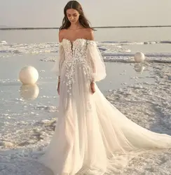 Sexy Beach A Line Silk Tulle Wedding Dress Princess Lace Puff Sleeves Floral Appliques Off Shoulder Civil Bridal Gown