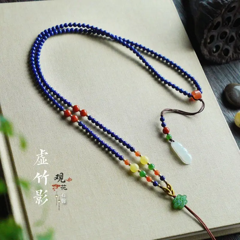 Natural 5A Lapis Laurel Pendant Lanyard Original Handmade Braided Bead Chain Necklace Turquoise Beeswax Woolen Chain Jewelry