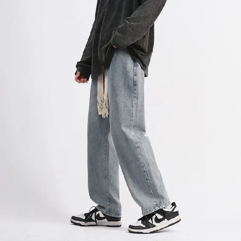 Men Wide Leg Jeans Denim Pants Straight Washed Jeans Pants Casual Loose Trousers Casual Mid Waist Elastic Band Hiphop Pants