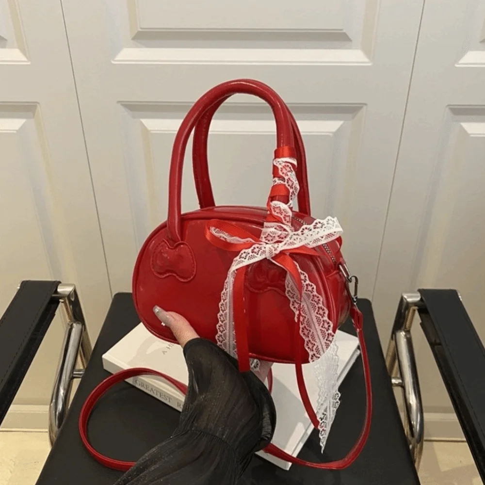 

Модная корейская сумка через плечо с бантом из искусственной кожи Y2k с кружевными лентами, бостонская сумка для отдыха, милая женская сумка для поездок на работу