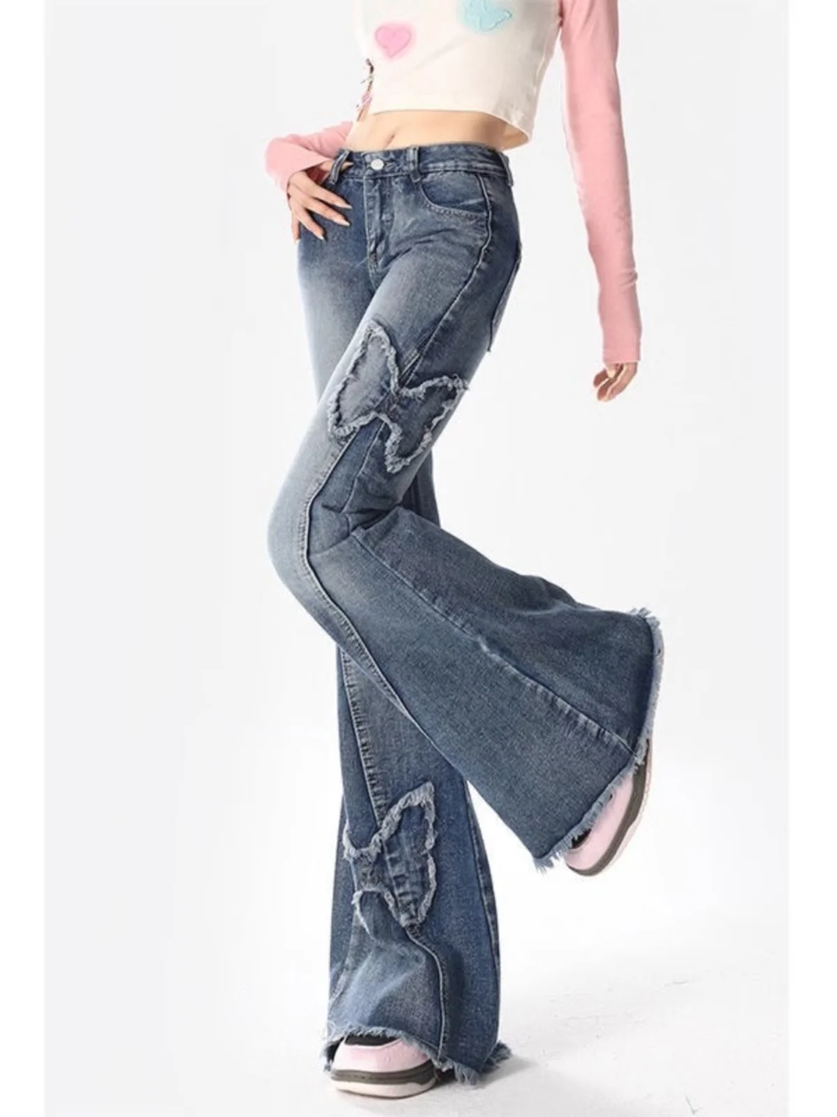 Summer New Vintage  Splicing Micro Flared Denim Jeans Women plus Size High Waist Loose Slimming Frayed Pants