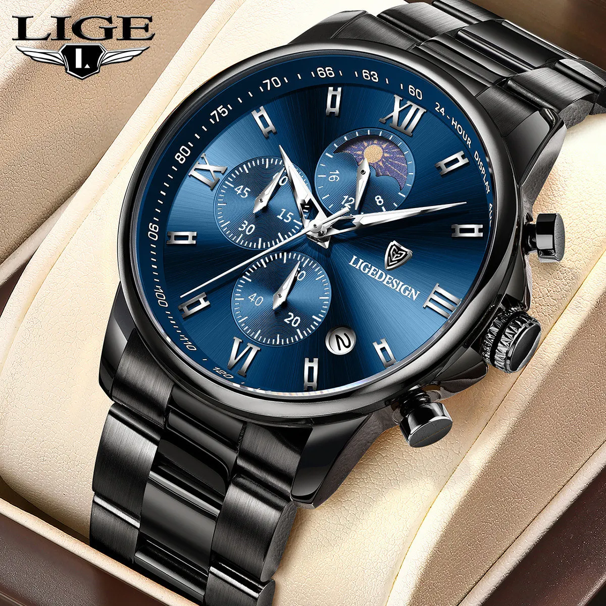 

LIGE Business Watch Fashion Luminous Moon Phase Quartz Watch Luxury Stainless Steel Butterfly Button Calendar Watches for Man