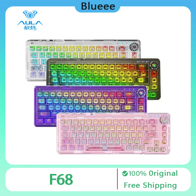 AULA F68 Transparent Mechanical Keyboard Wireless Three Mode Customized Multifunctional Knob RGB Hot Swap Gaming Keyboard Gift