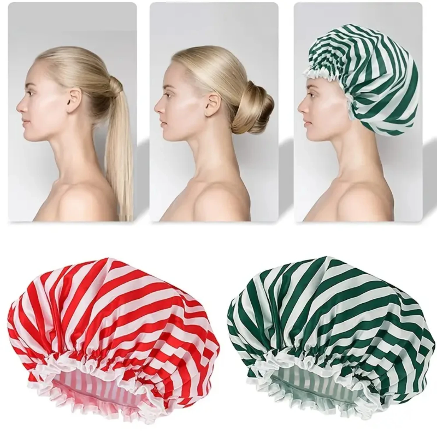 

Stay dry and stylish with this luxurious and practical waterproof reusable shower cap! Featuring double layers of soft, silky sa