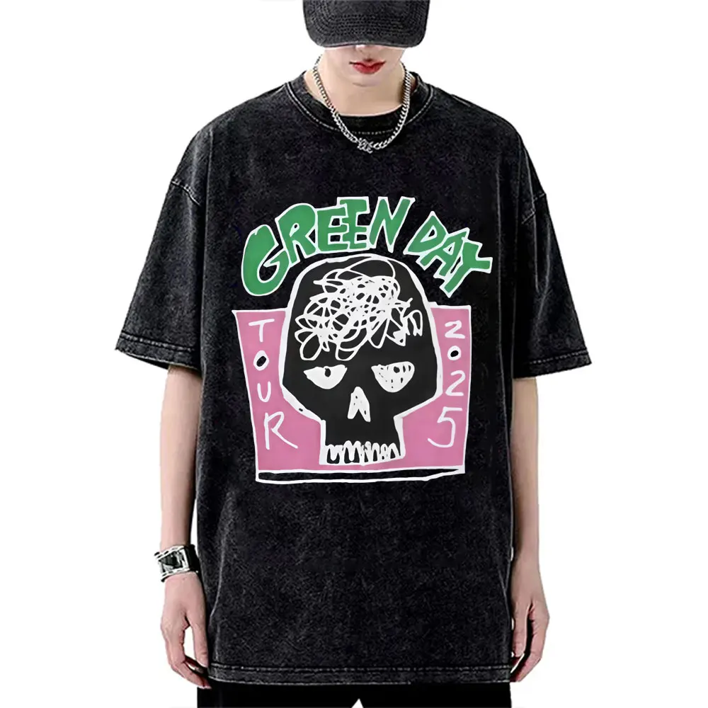 

Punk Band Green Day Tour 2025 Washed Vintage T-shirt Men Women Skeleton Oversized Rock T Shirt Male High Quality Cotton T-shirts