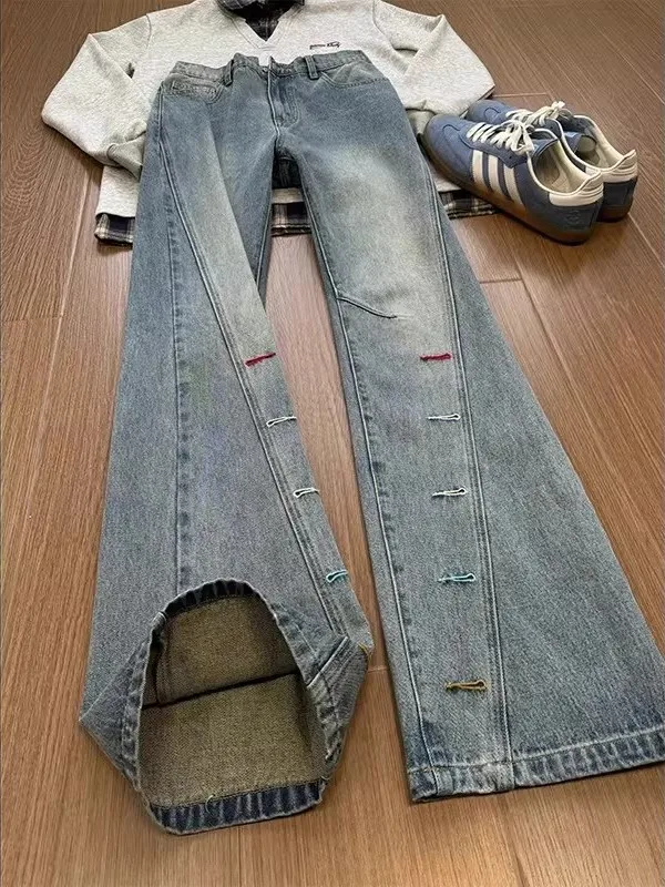 

American Retro Blue Slim Fit Bell Bot Jeans Men's High Street Autumn Winter Straight Leg Knife Denim Pants