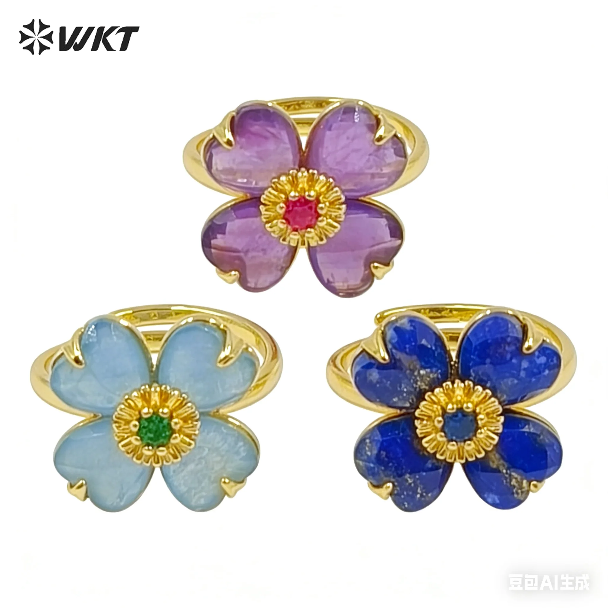 

WT-R602 Lucky Four-Leaf Clover Flower Lapics Strawberry Quartz Gemstone Charms With CZ Paved Adjustable 18K Gold Plated Ring