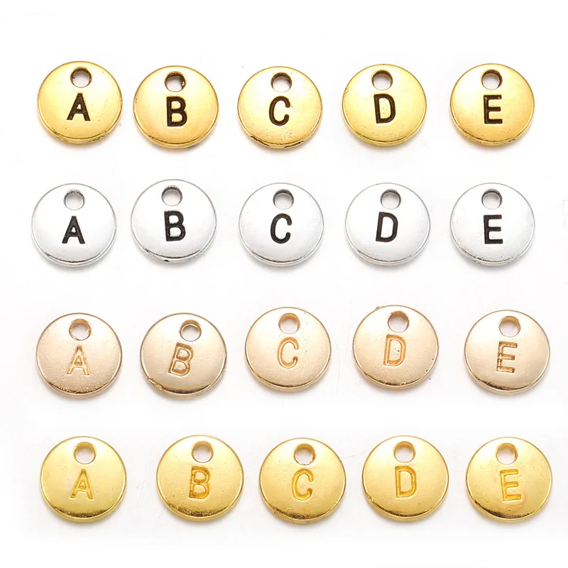 130Pcs Wholesales Round Shape 10mm Single Hole Alloy  letter Pendant with Gold/rose-color A-Z 26 Letter Jewelry Accessories