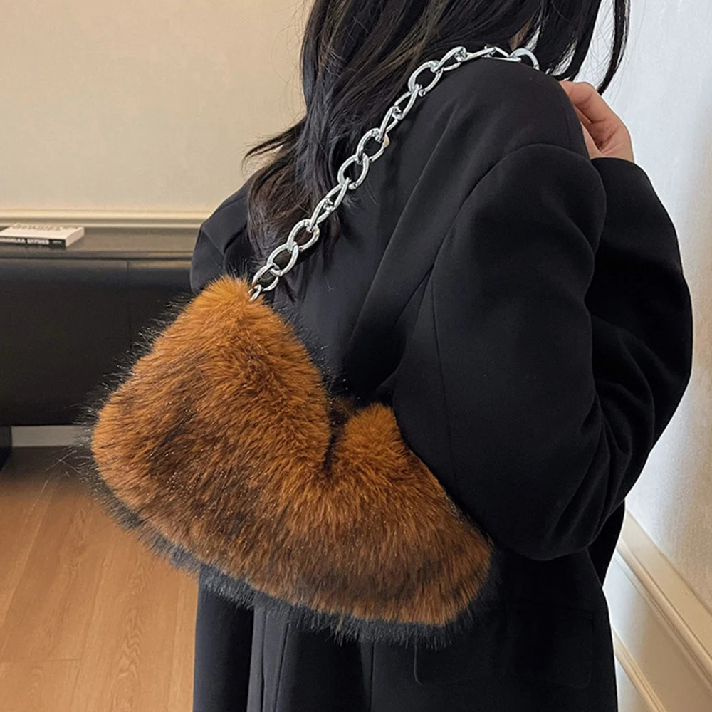 

Fluffy Plush Shoulder Bag Soft Faux Fur Bags for Women Handbag Winter Flap Purses Chains Underarm Women Bag NEW Shopper Tote