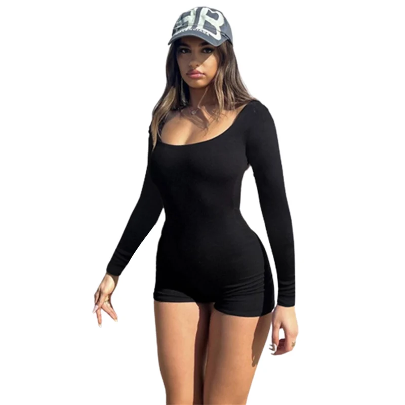 

Women Sporty Backless Long Sleeve Jumpsuit Skinny Shorts Female Sexy Slim Solid Color U Neck Rompers Stretch Three Quarter Pants