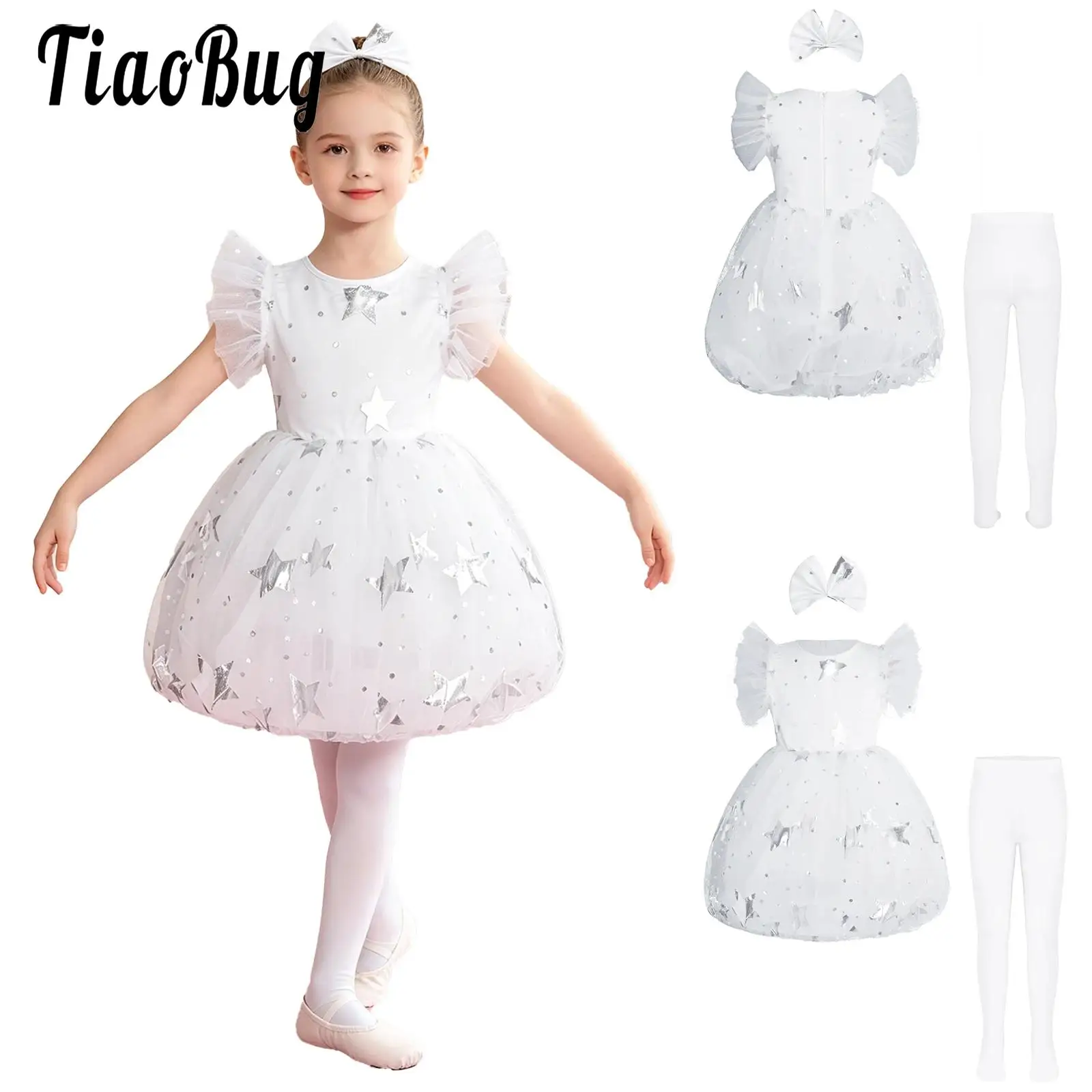 

Kids Girls Dance Party Stage Ballet Performance Outfits Ruffled Sleeves Metallic Star Tulle Tutu Dress with Pantyhose Headwear