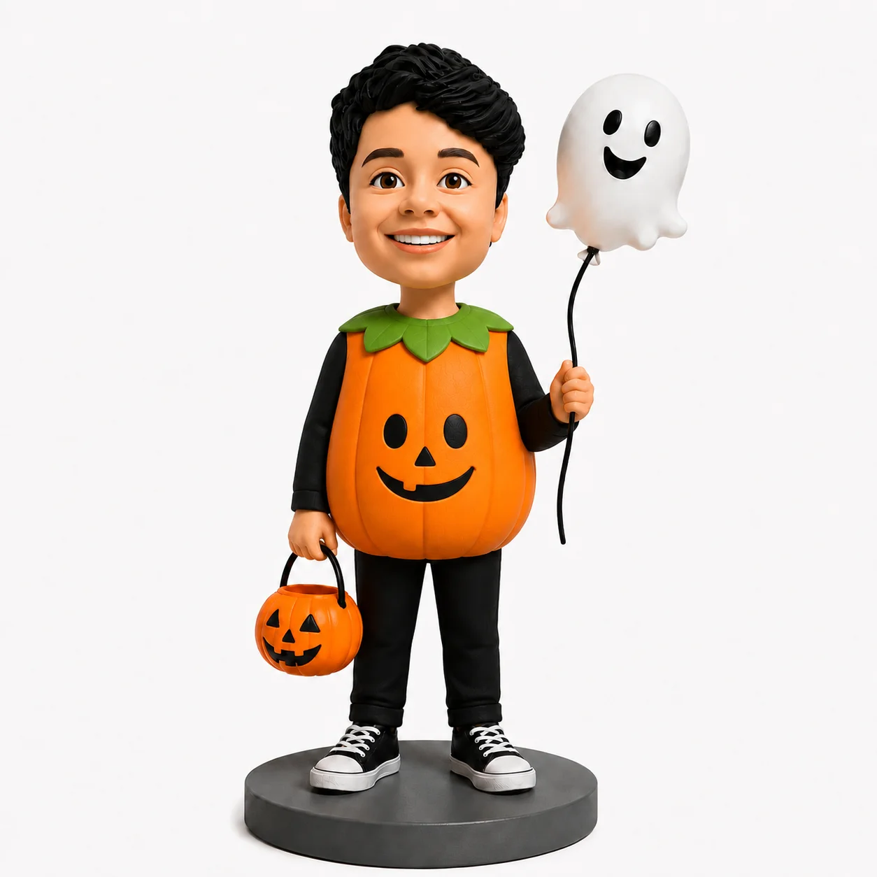 Custom Child Halloween Bobblehead from Photo, Personalized Pumpkin Costume Figurine with Ghost Balloon, Trick or Treat Gift