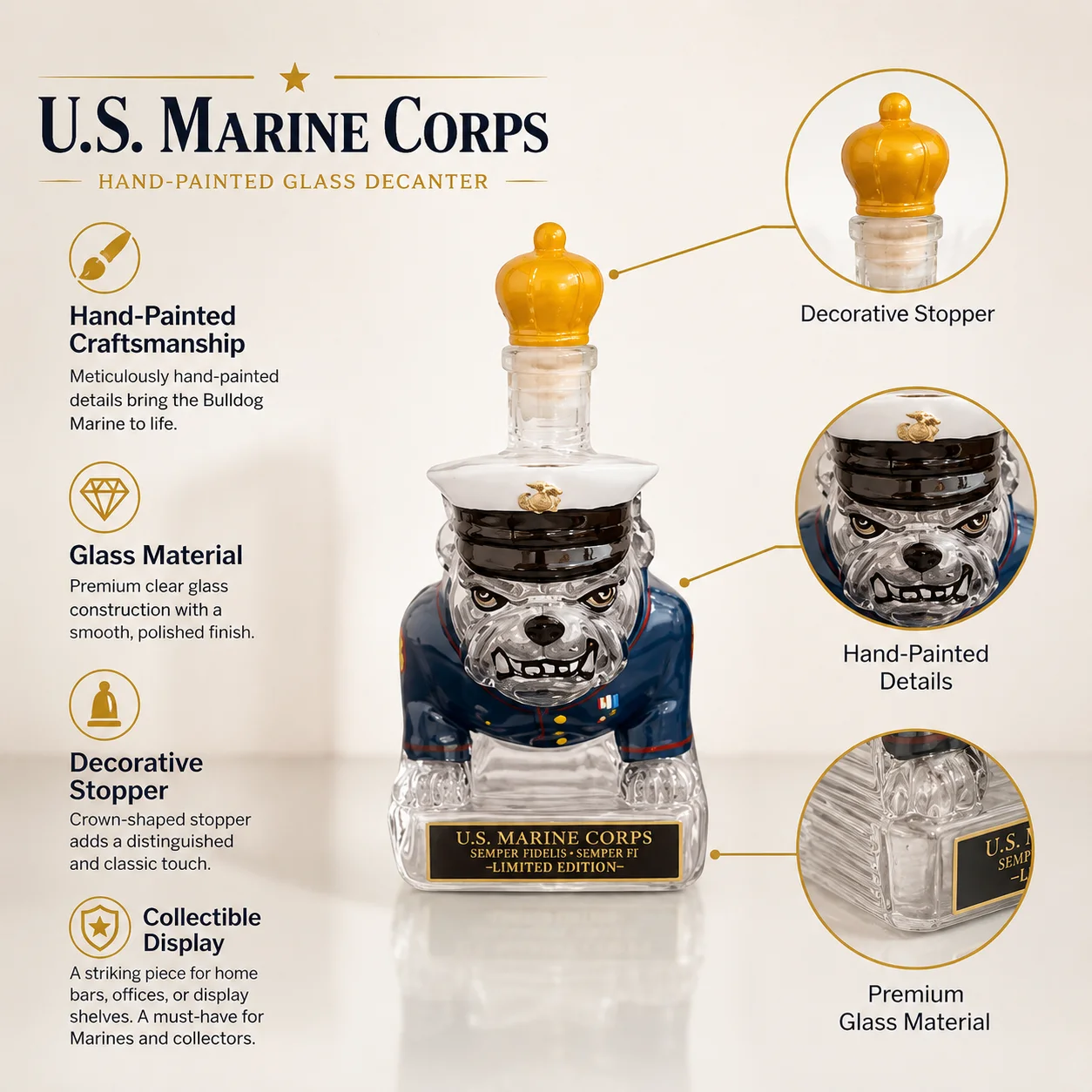U.S. Marines Bulldog Glass Decanter Creative Whiskey Bourbon Bottle Marine Corps Military Veteran Gift Bar Display