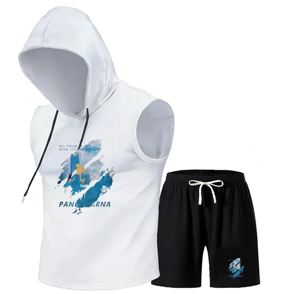 2026 Men's hooded top+shorts summer new loose round neck trendy set, casual and comfortable, youthful and fashionable print view 5