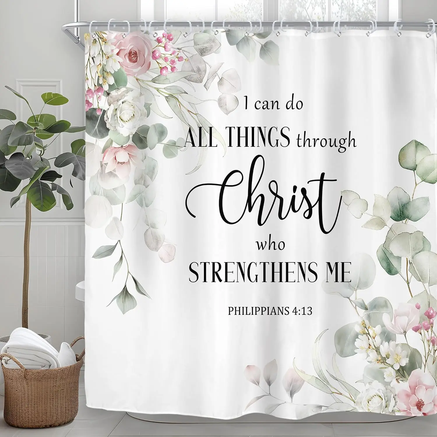 Waterproof Floral Shower Curtain Bathroom Decor Religious Scripture Quotes Christ Inspirational Pink Shower Curtain Curtain Line