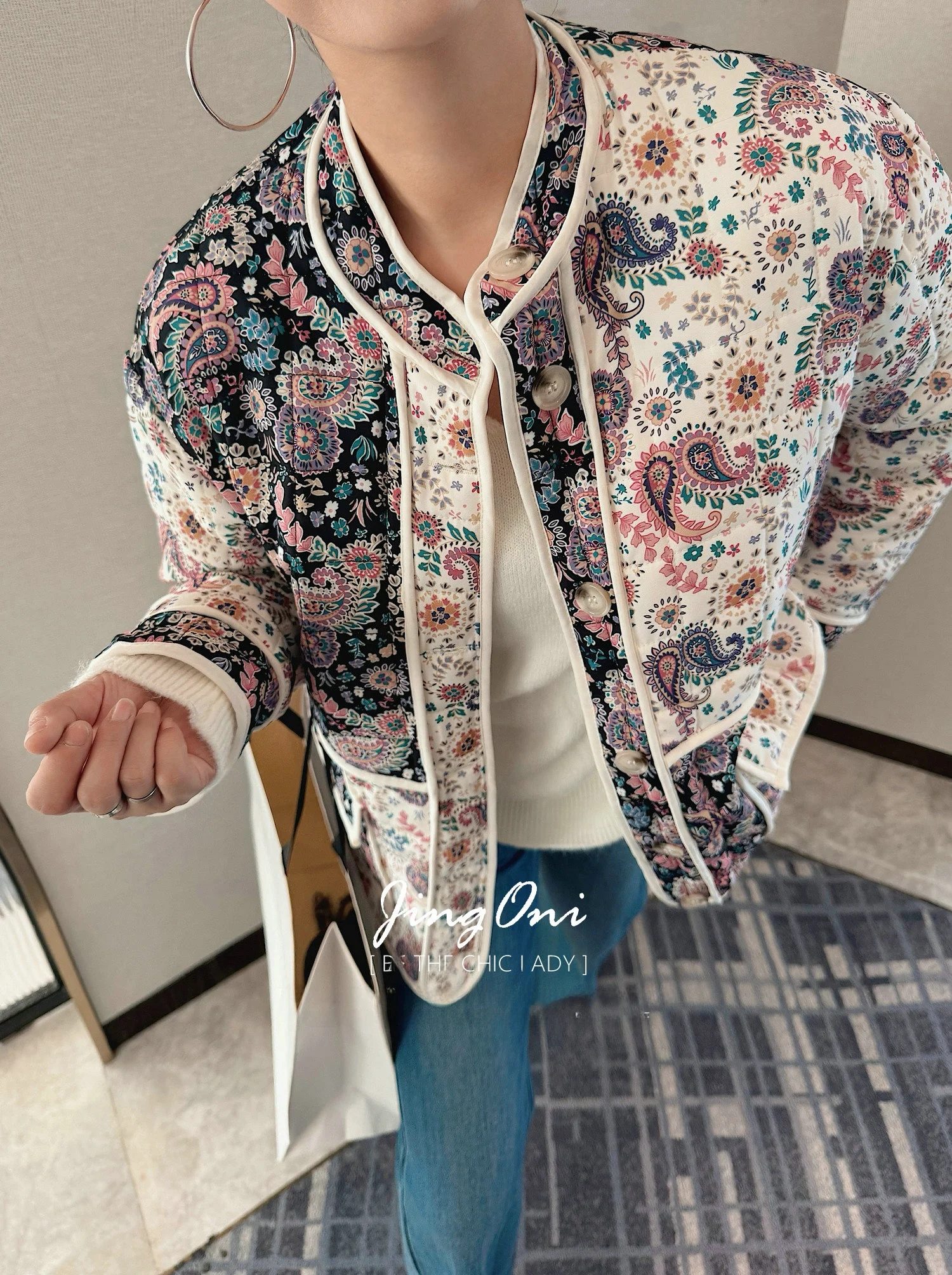 

JINGONI Vintage Color Blo Floral Thin Cotton Jaet Women's Loose Slimming Autumn Winter Polyester Fabric round Ne ort ...